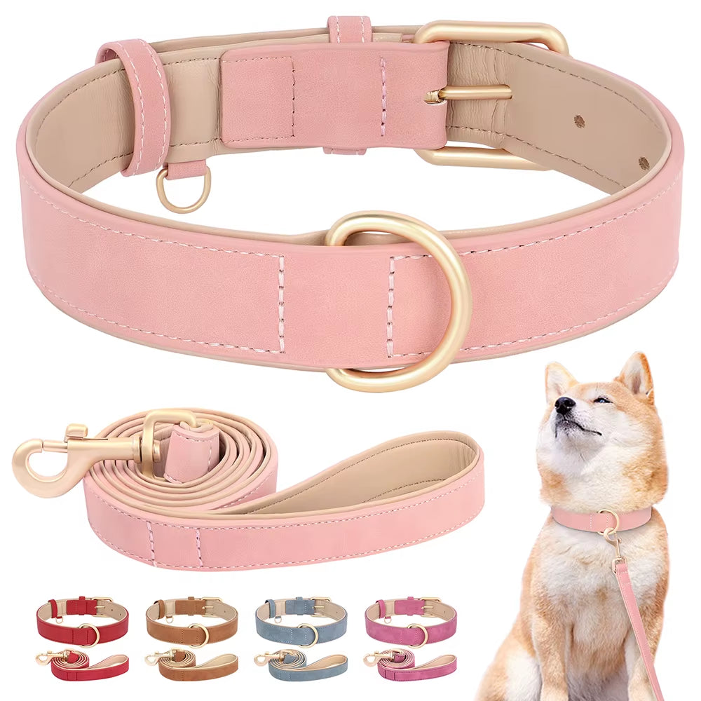 Soft Padded Dog Collar Leash Set PU Leather Pet Dog Collars Necklace with Walking Lead Rope Adjustable for Small Medium Dogs Pug