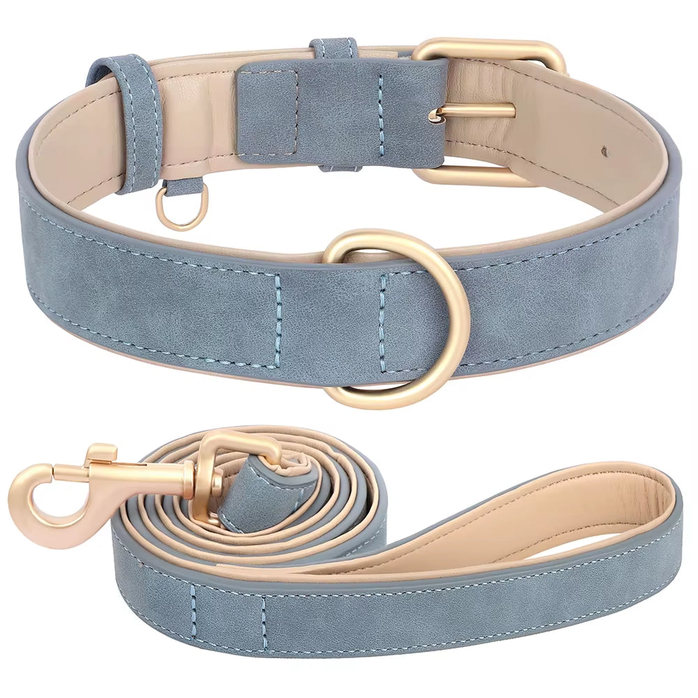 Soft Padded Dog Collar Leash Set PU Leather Pet Dog Collars Necklace with Walking Lead Rope Adjustable for Small Medium Dogs Pug