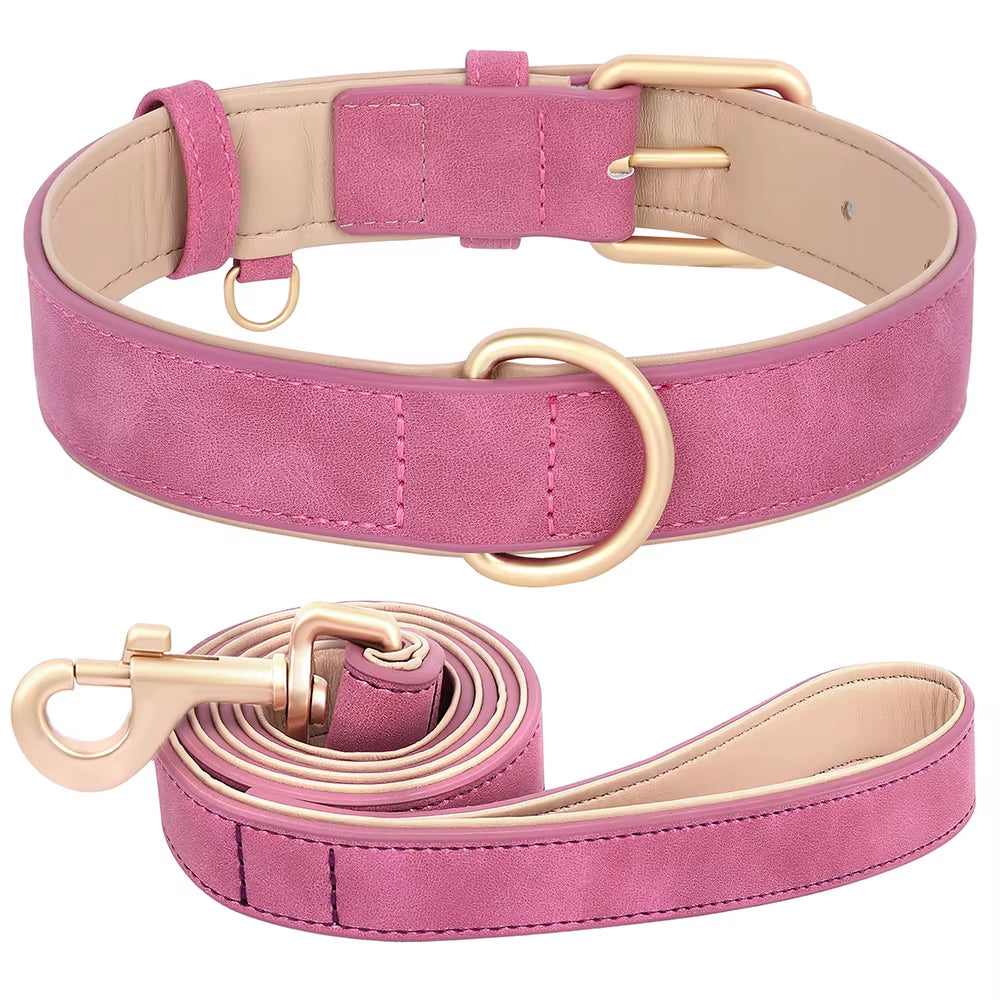 Soft Padded Dog Collar Leash Set PU Leather Pet Dog Collars Necklace with Walking Lead Rope Adjustable for Small Medium Dogs Pug