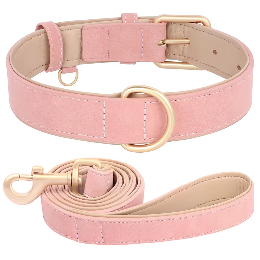 Soft Padded Dog Collar Leash Set PU Leather Pet Dog Collars Necklace with Walking Lead Rope Adjustable for Small Medium Dogs Pug