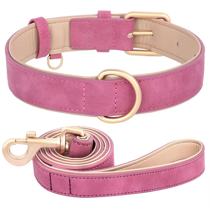 Soft Padded Dog Collar Leash Set PU Leather Pet Dog Collars Necklace with Walking Lead Rope Adjustable for Small Medium Dogs Pug